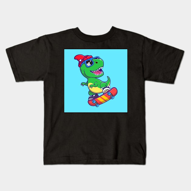 cute_dinosaur_playing_skateboard_vector_illustration Kids T-Shirt by mathildamal